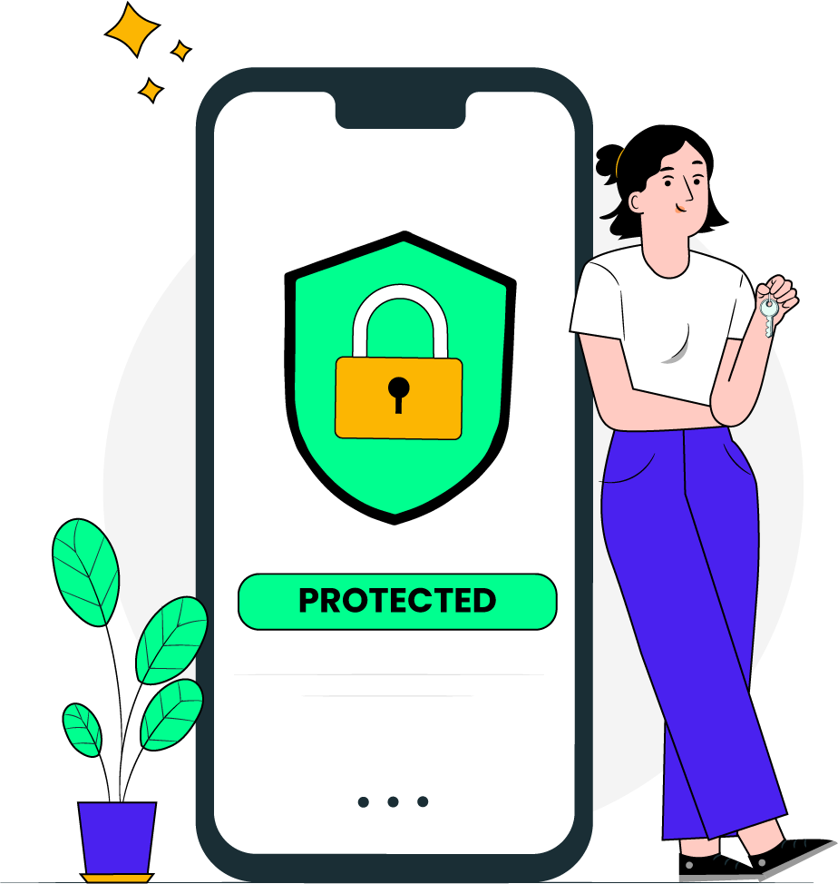 A woman holding a smartphone displaying a lock icon, symbolizing security and privacy in digital communication.