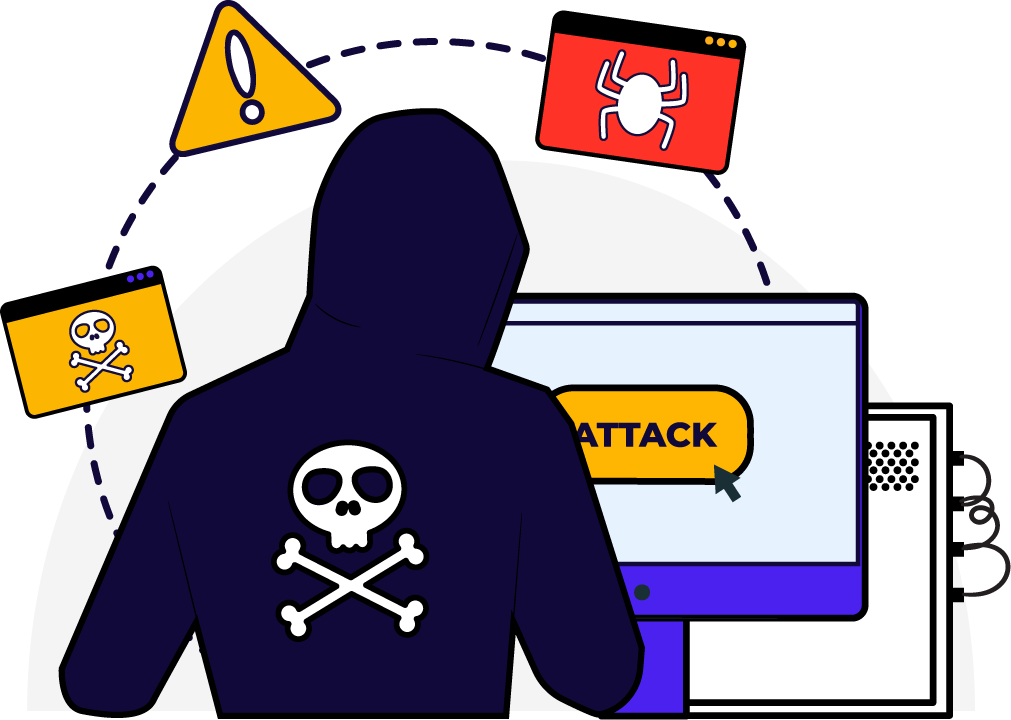 A hooded individual gazes intently at a computer screen displaying a skull and crossbones, indicating a hacker attack.