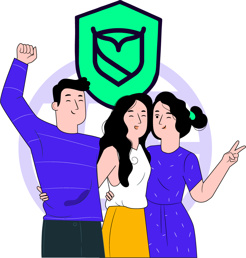 A family of 3 who feel safer on the internet as represented by the globe behind them and large shield