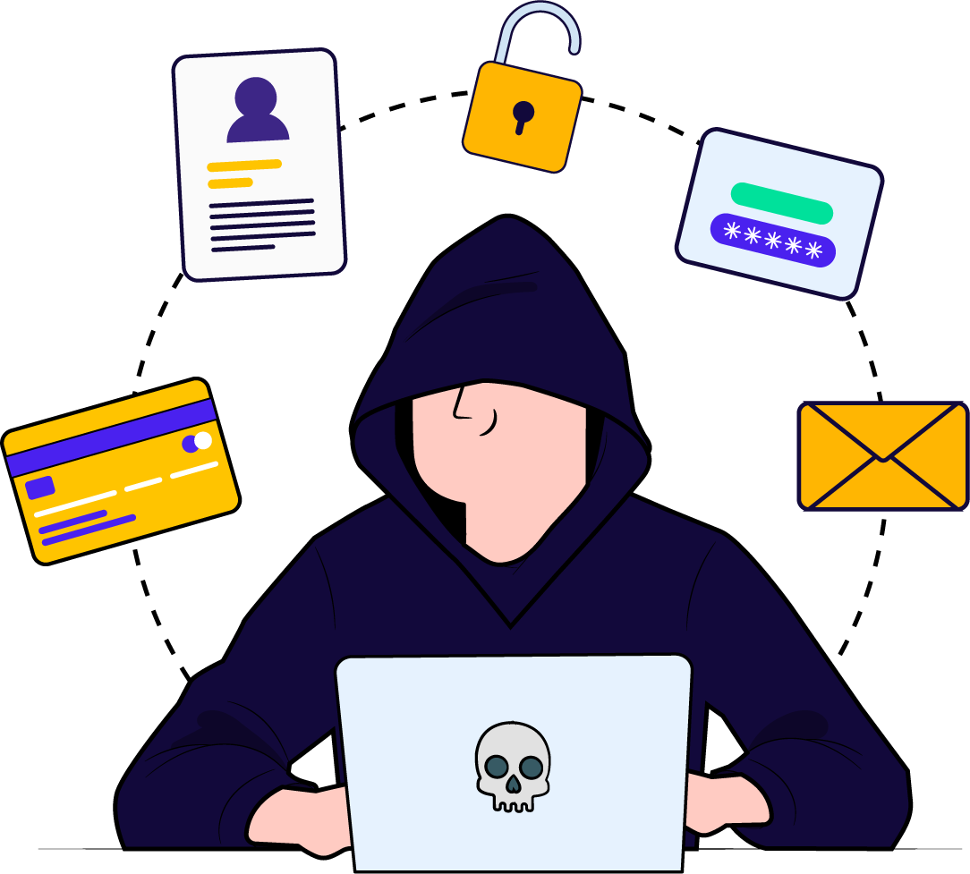 A hooded individual seated at a laptop, surrounded by a skull and various icons, depicting a hacker at work.